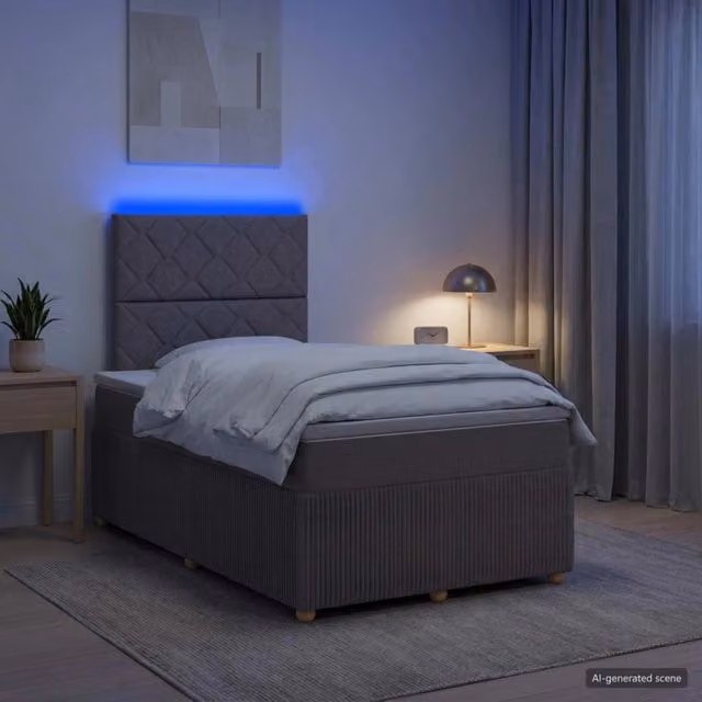 Letto Box Spring vidaXL con Materasso Ibrido e Illuminazione LED, Colore Grigio e Beige, L/P: 120 x 200 cm – 1
