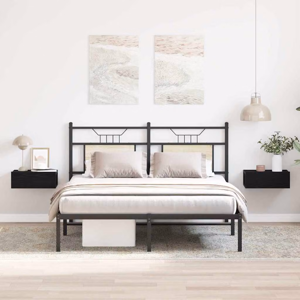 Set di 2 comodini sospesi vidaXL in legno ingegnerizzato, colore Rovere e Nero, L 40 cm x P 32 cm x H 15 cm