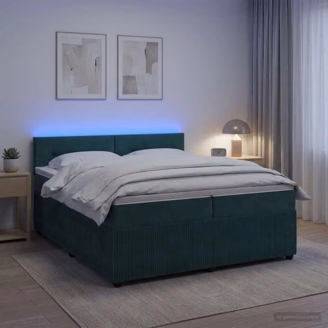 Letto box spring con materasso ibrido vidaXL in velluto verde, con base a sollevamento, illuminazione sottostante e porta di ricarica USB, L/P: 200 x 200 cm