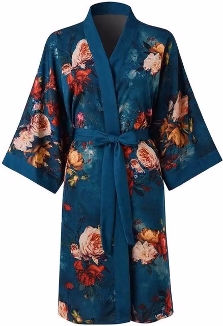 Kimono corto per donne - Gonna corta con tasca fiorita - Camicia da notte (verde scuro)