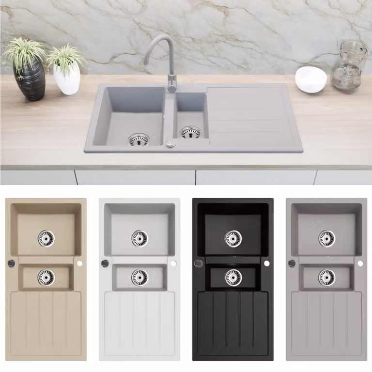 Lavello in granito Lavello da cucina Lavello da incasso 100x50 cm a doppia vasca con sgocciolatoio + accessori Grigio
