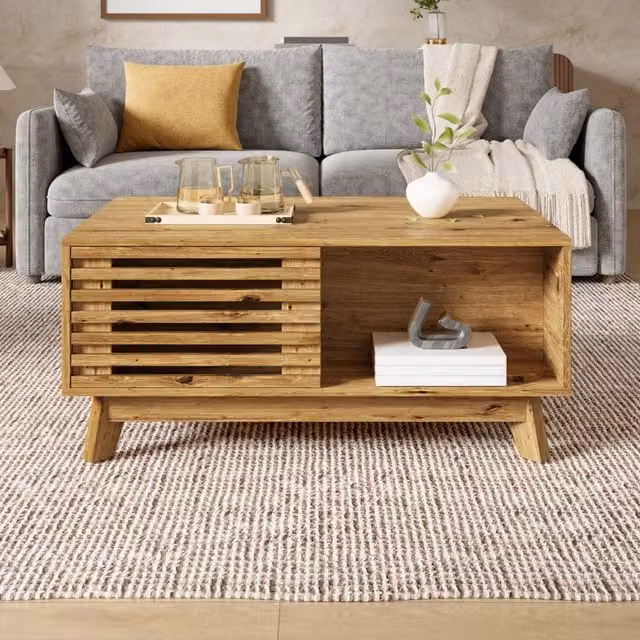 Tavolino da Salotto Moderno Retro, Piano Regolabile in Altezza, Porta a Persiana Scorrevole, Effetto Legno, Struttura in MDF, Multifunzionale