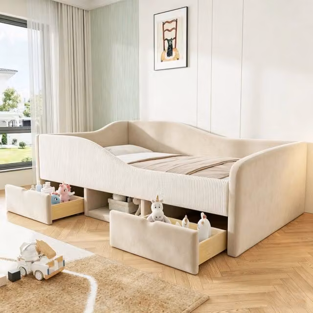 Letto per bambini imbottito 90 × 190 cm con due cassetti e sponde di sicurezza in velluto beige con rete a doghe
