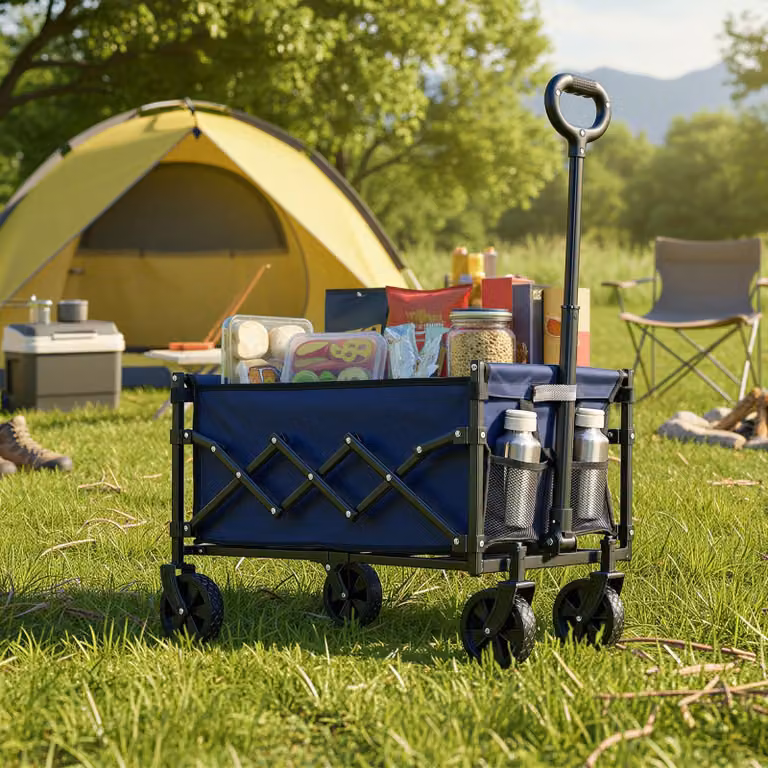Carrello pieghevole con maniglia e 4 ruote rinforzate | Blu scuro | 67x42x90,5 cm