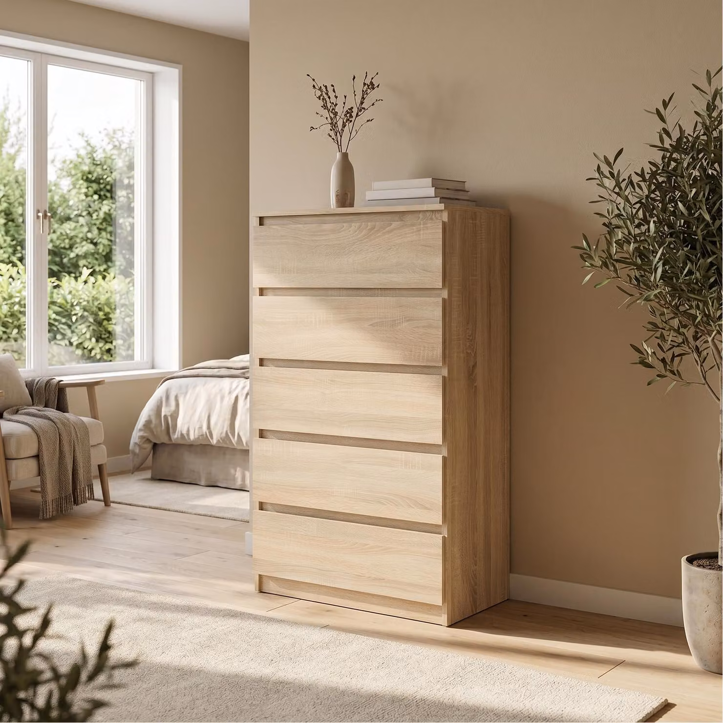 Comodà Masseno NUDO da 70 cm con 5 cassetti e ante, per soggiorno e camera da letto, stile moderno, 70x39x124,5 cm, rovere Sonoma / rovere Sonoma