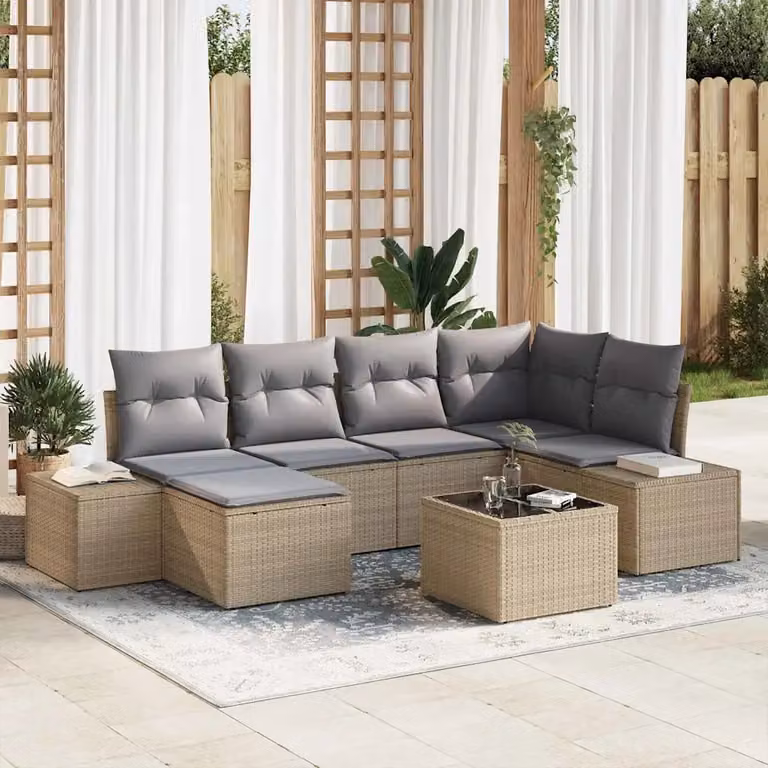 Set Divano da Giardino vidaXL 7 pz in Polyrattan con Cuscini Beige e Grigio
