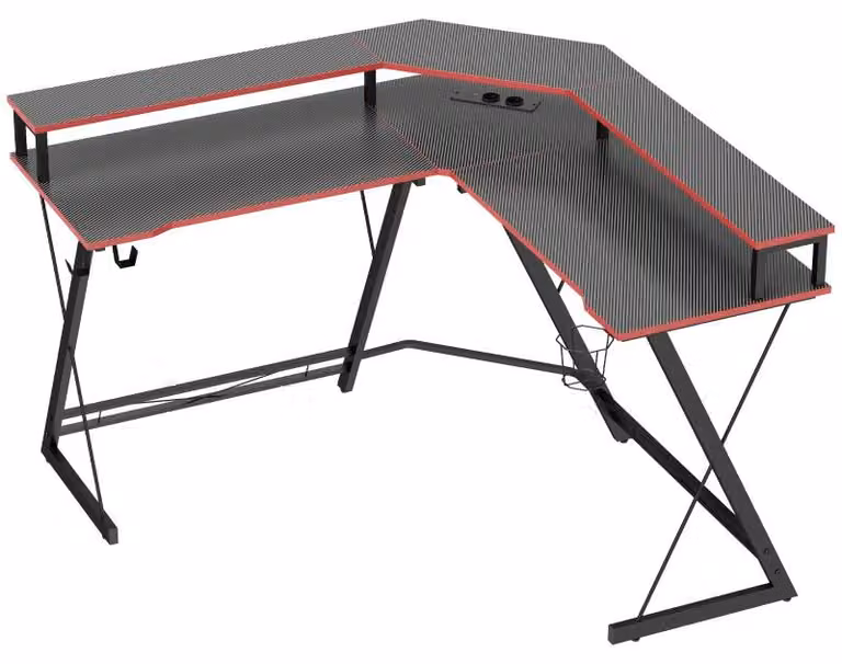 Scrivania angolare a forma di L Moonbite, 128 x 128 cm, con prese di corrente e USB, supporto per monitor, gancio per cuffie, portabicchieri, finitura effetto fibra di carbonio, colore nero