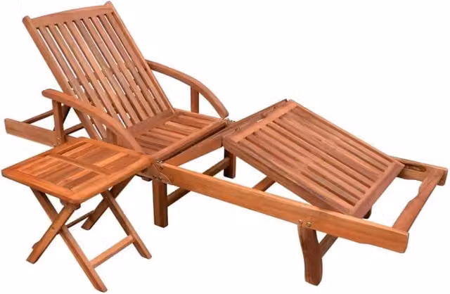 Lettino prendisole Outsunny in legno di acacia marrone con tavolo laterale e poggiatesta regolabile per giardino e terrazzo
