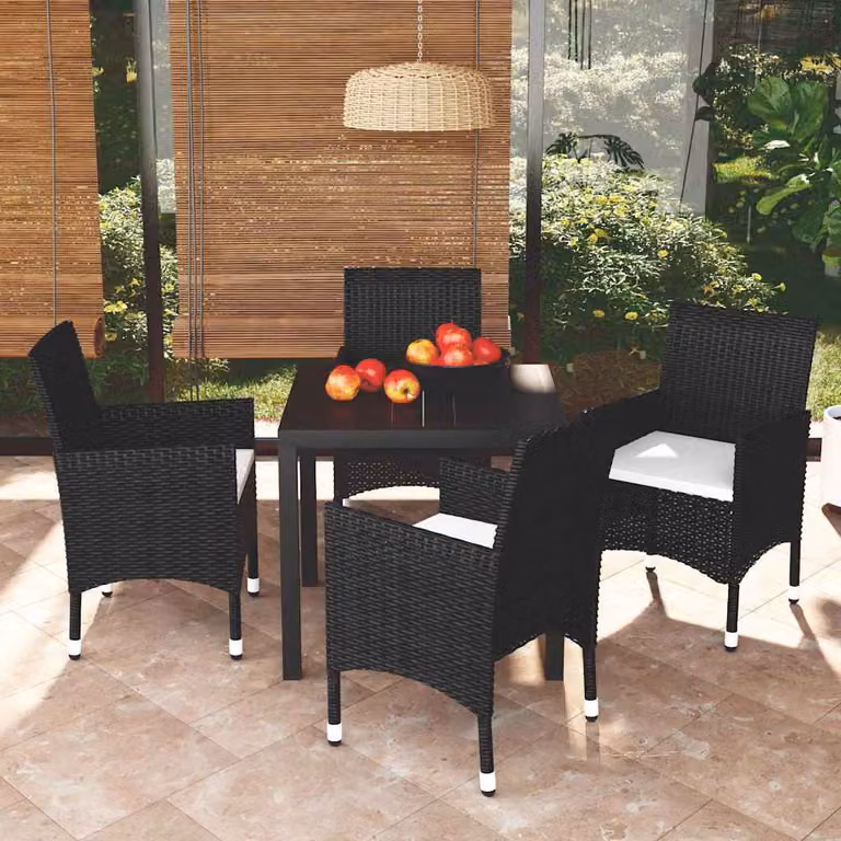 Set da pranzo per giardino e terrazzo vidaXL in polyrattan nero con 5 pezzi e cuscini