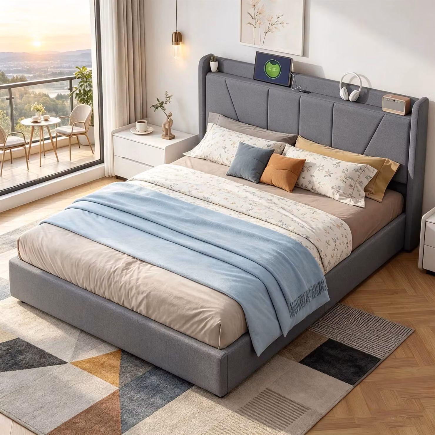 Letto imbottito - Letto matrimoniale - 160 x 200 cm - Contenitore con sistema idraulico - Struttura a listelli - Tessuto di lino - Grigio