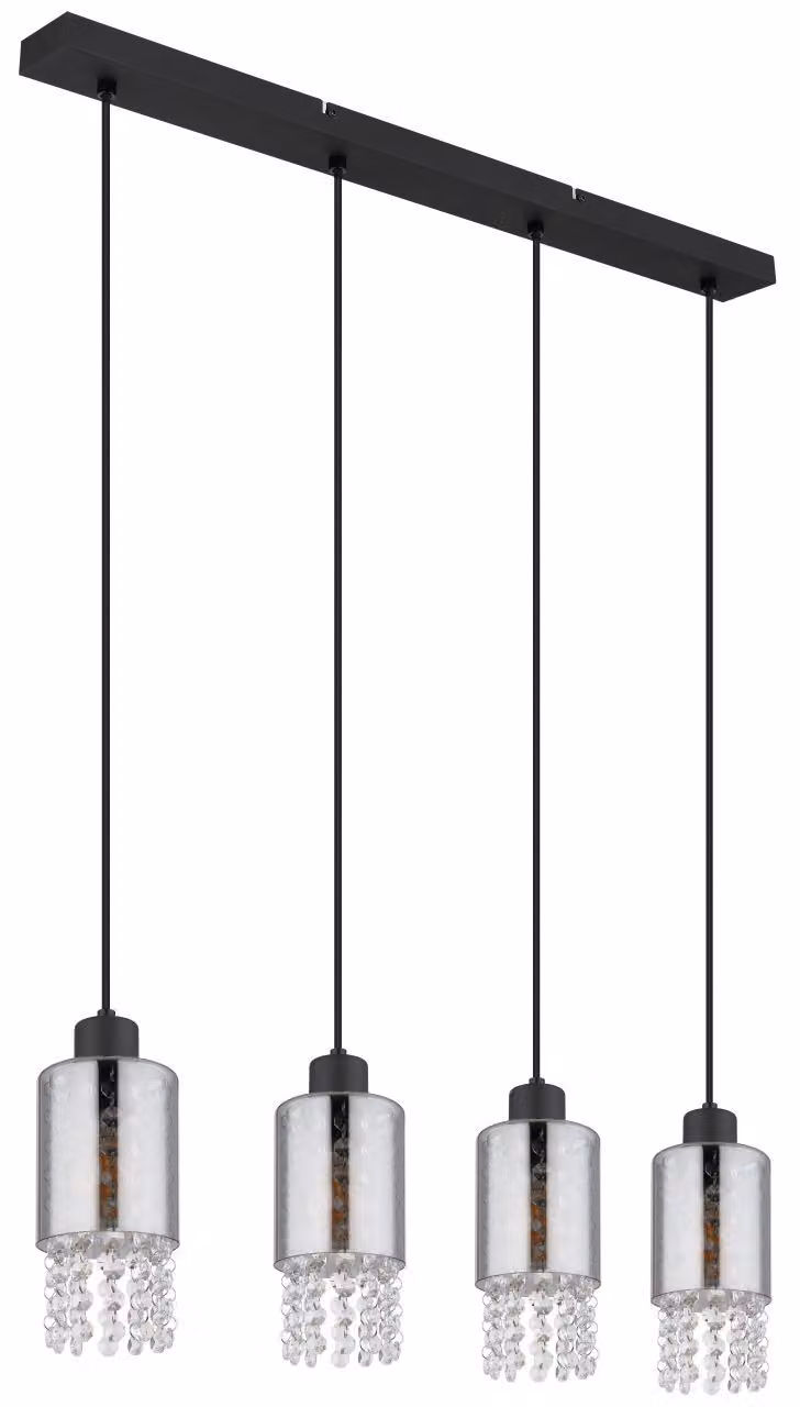 Globo Lighting lampada a sospensione metallo nero opaco, vetro color fumo, cristalli di vetro trasparenti, cavo PVC nero, LxPxH: 730x100x1200mm, escl. 4x E27 40W 230V