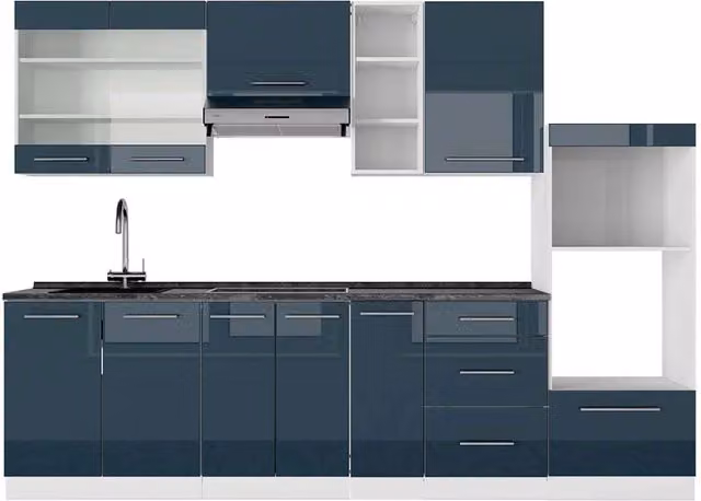 Cucina componibile moderna Fame-Line Vicco, Blu scuro lucido e Bianco con piano Antracite, L: 280 cm