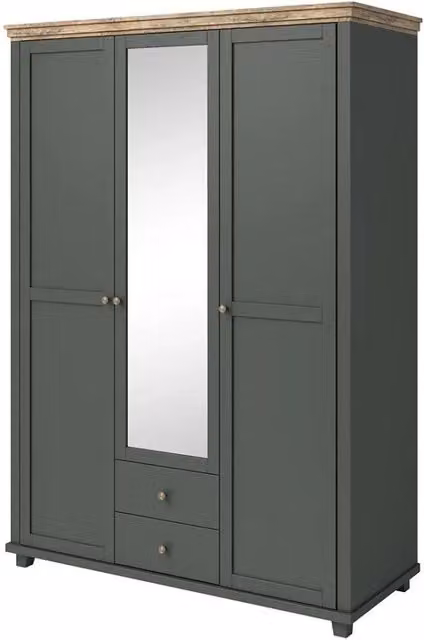 Armadio Meublorama Collezione ASSIA con 3 ante, 2 cassetti e specchio, colore verde e quercia, L: 150 cm, H: 220 cm, P: 62 cm