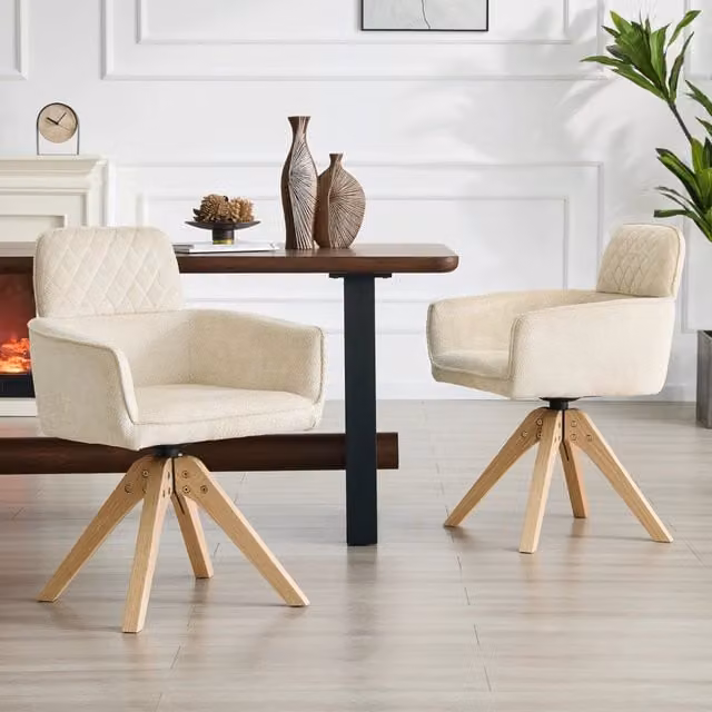 Set di 2 sedie da pranzo WISHDOR girevoli a 360 gradi in tessuto beige e legno massello