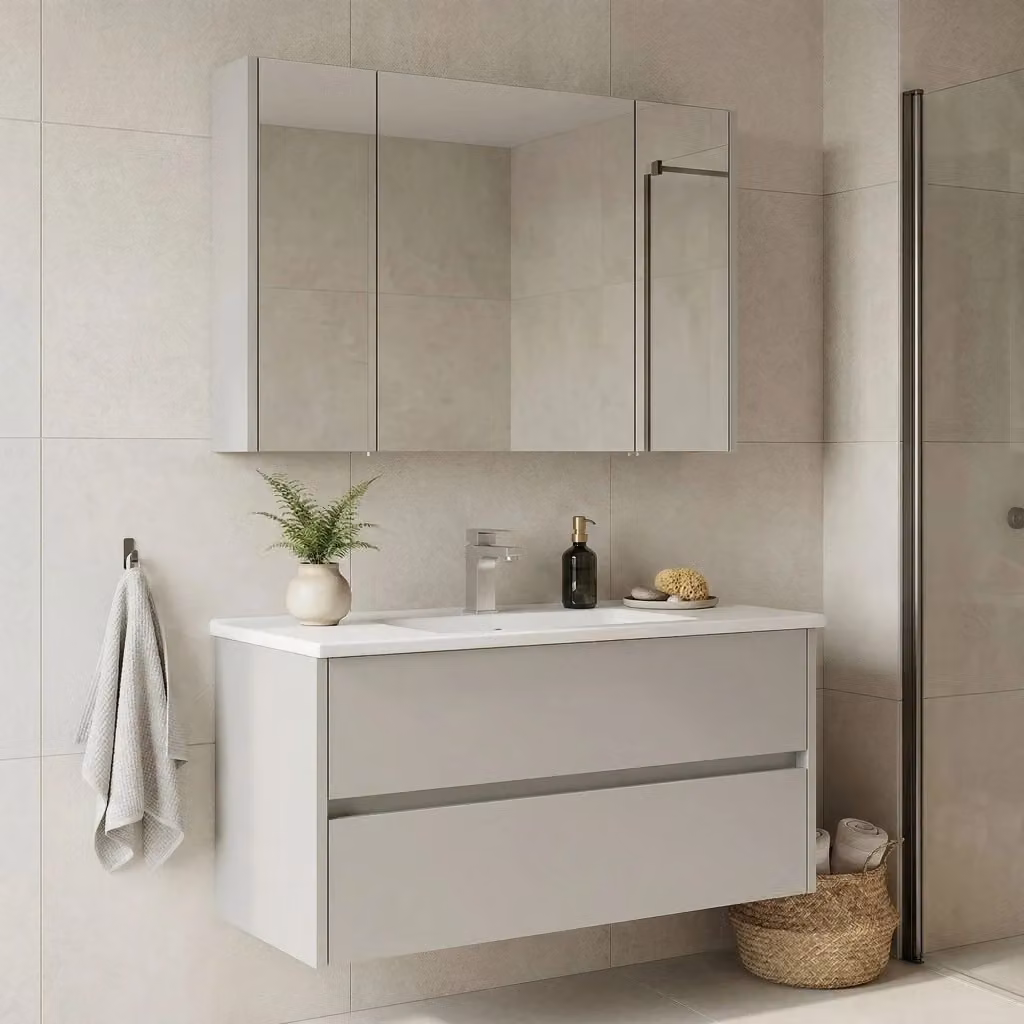 Set mobile lavabo con specchio Arno 100 Hanah Home, colore beige cashmere, L: 100 cm, P: 45 cm, H: 52 cm – 2