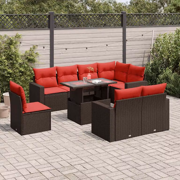 Set Divani da Giardino vidaXL 9 pz in Polyrattan Marrone con Cuscini e Tavolino da Esterno