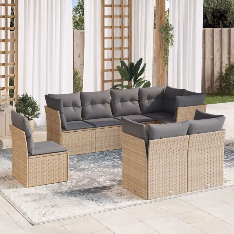Set Divano da Giardino vidaXL 8 pz in Polyrattan con Cuscini Beige e Grigio Resistenti ai Raggi UV