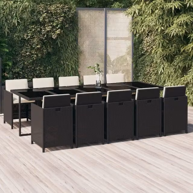 Set da Pranzo da Giardino Moderno vidaXL in Polyrattan Nero con Piano in Vetro e 11 Pezzi