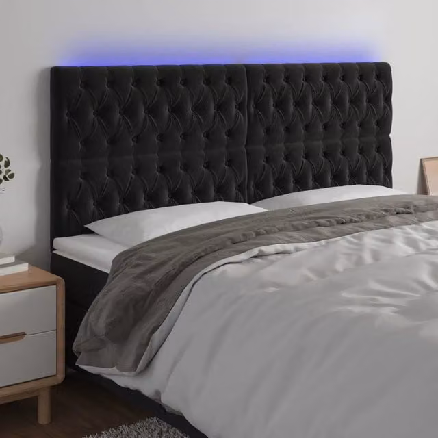 Testiera per letto con illuminazione LED e porta USB vidaXL in velluto nero, L: 200 cm, H: 118-128 cm, P: 7 cm