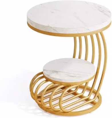 Tavolino Rotondo REDOM con Effetto Marmo Bianco e Oro per Soggiorno e Camera da Letto, Diametro: 50 cm, Altezza: 63 cm