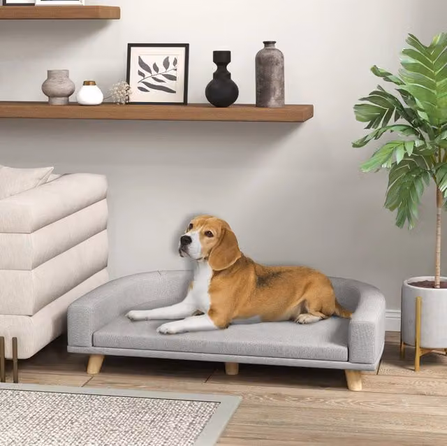 Divano per cani rialzato con cuscino, grigio