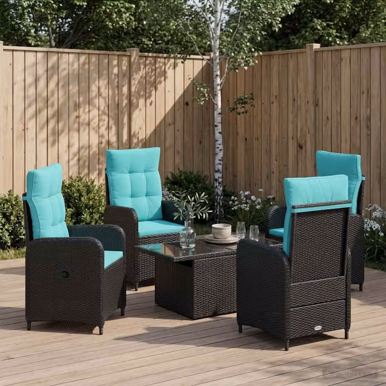 Set da pranzo per esterni vidaXL in polyrattan moderno da 5 pezzi, colori nero e turchese