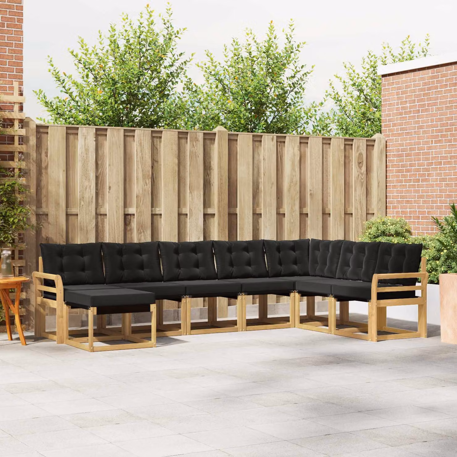 Set di divani da esterno moderno vidaXL in legno di acacia e textilene, 8 pezzi, Bianco, Nero e Marrone