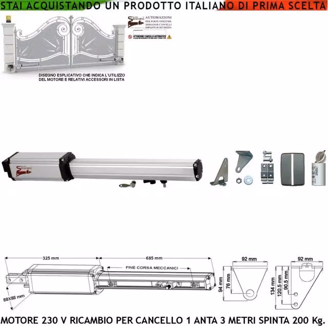 Kit Ricambio Originale Securvera per Cancello Automatico Anta 3 Metri con Motoriduttore Elettromeccanico 230 V, Corsa 500 mm, Finecorsa Meccanici, Chiave di Sblocco, Staffe, Bulloni e Condensatore 16 µF 400V