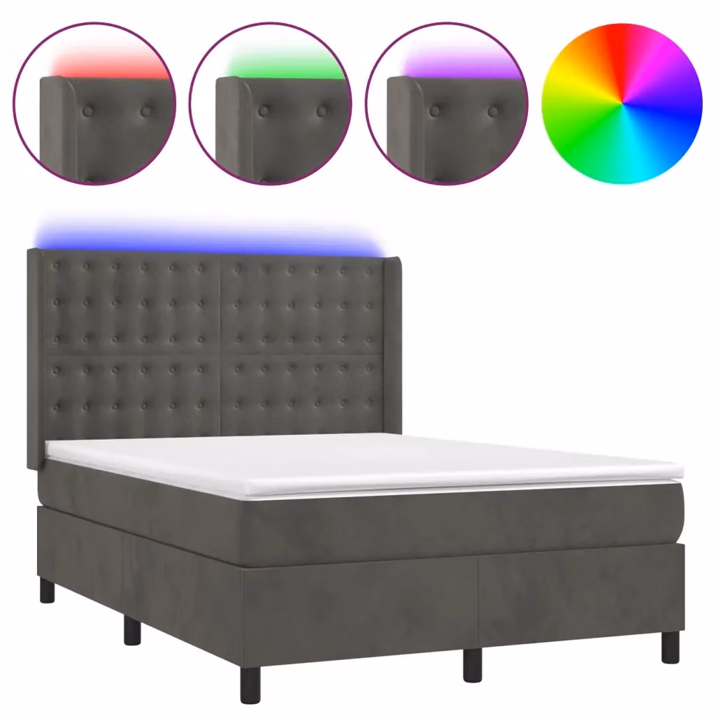 Letto matrimoniale moderno vidaXL con materasso ibrido, illuminazione LED sottostante e porta USB, rivestimento in velluto grigio, L/P/H: 190 x 140 x 128 cm – 2