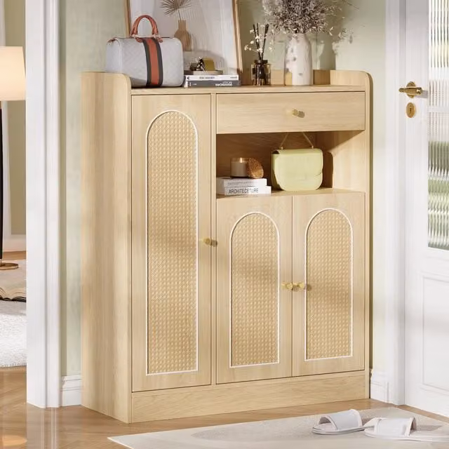 Armadio porta scarpe WISHDOR in rattan e MDF con ante a battente e cassetto, colore beige, L: 90 cm, P: 35 cm, H: 110 cm