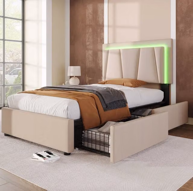Letto singolo imbottito 90x200 cm con materasso; LED; 2 cassetti e testiera regolabile beige
