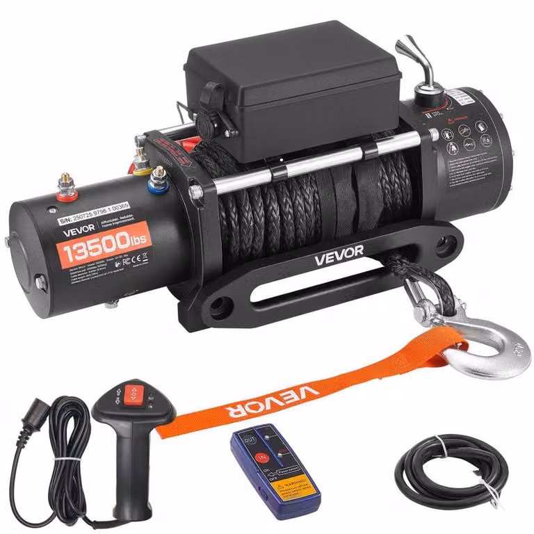 Verricello elettrico con una capacità di 6100 kg, motore a 12 V DC, cavo sintetico da 26 metri, realizzato in alluminio, acciaio e plastica