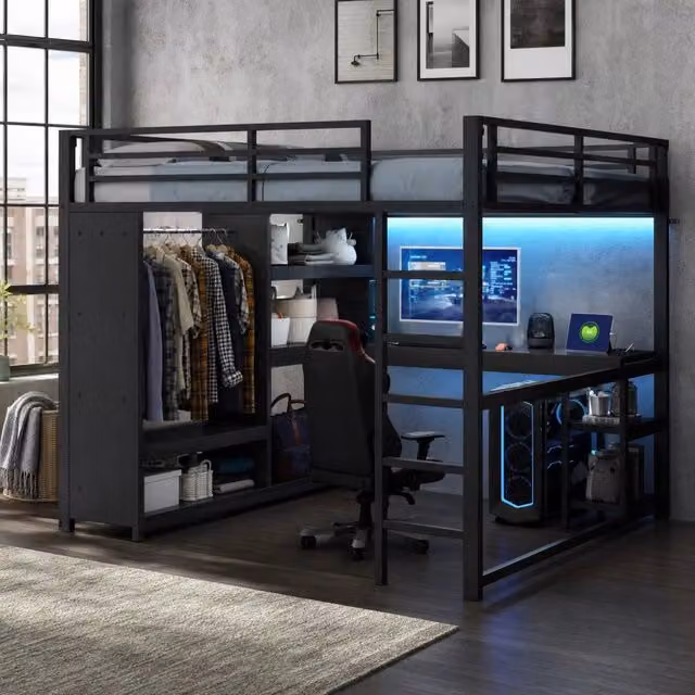 Letto a soppalco 160x200 cm nero metallo e MDF con scrivania e LED, senza materasso