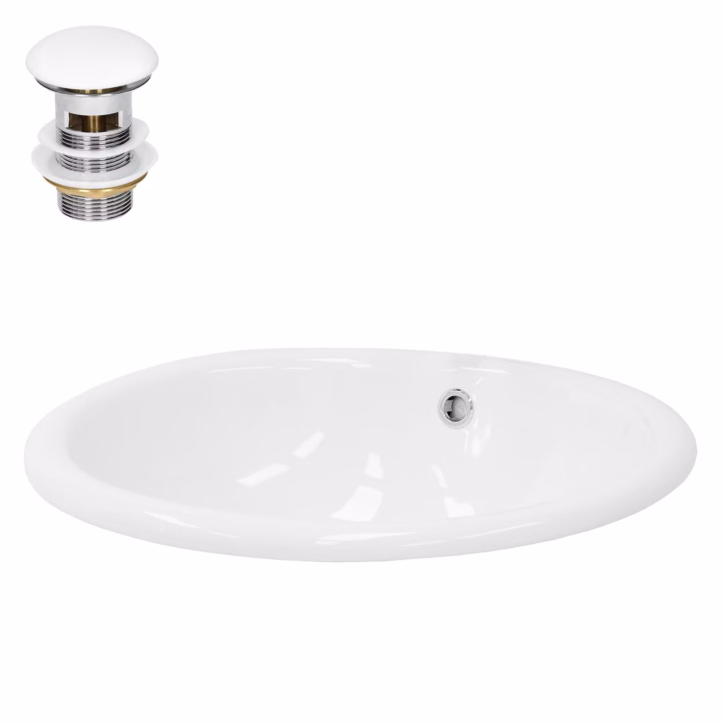 Lavabo LuxeBath Lavabo da appoggio ovale, 49x40,5x19,5 cm, bianco, in Vetroceramica, incl. set di scarico con troppopieno