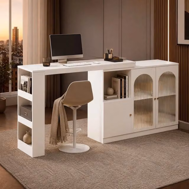 Tavolo da pranzo girevole a 360° in MDF bianco con armadio bar multifunzionale e ante in vetro, 120x40x97 cm