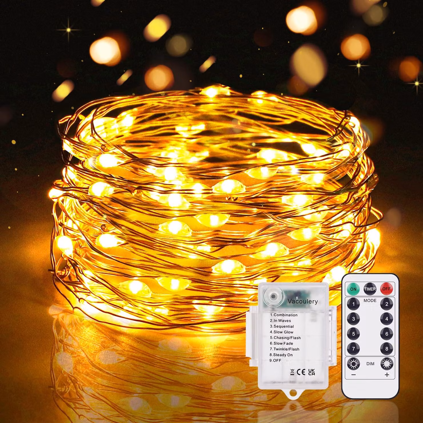 Catena luminosa a LED, 5 metri, 50 LED, alimentazione a batteria, grado di protezione IP65, 8 modalità