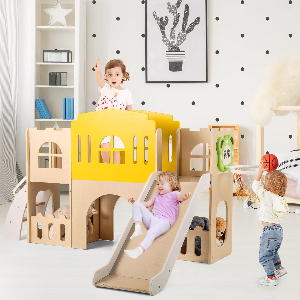 Costway Set per scivolo 7 in 1 per bambini in legno multicolore con torre di gioco e canestro da basket