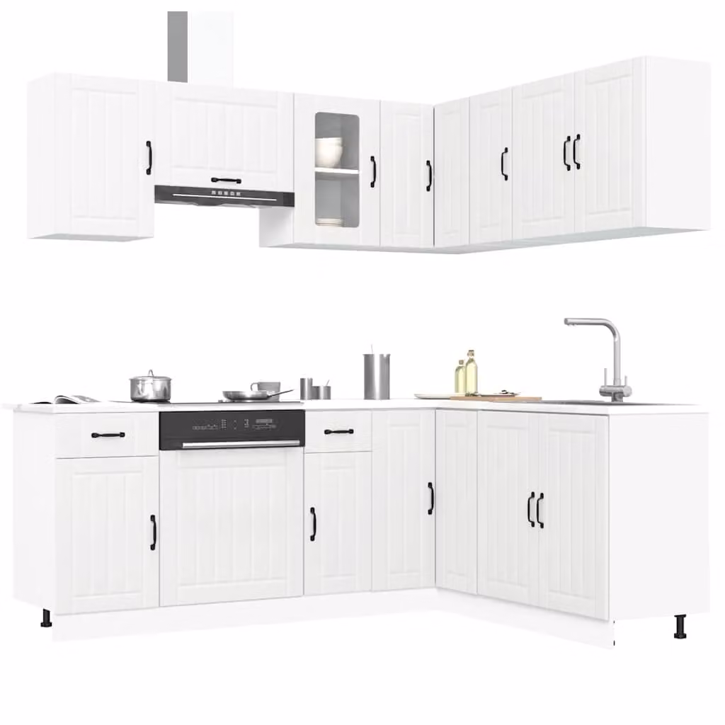 Set di mobili da cucina moderno vidaXL Lucca composto da 11 pezzi in legno e vetro, colore bianco opaco