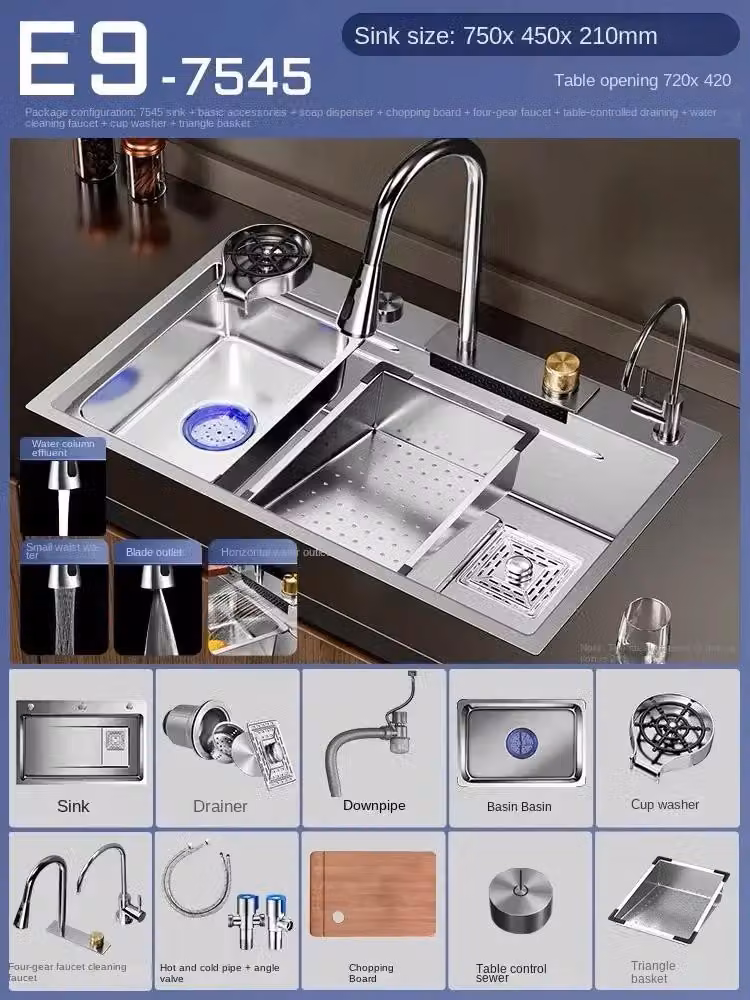 Lavello da cucina - Vasca singola con miscelatore a cascata - 75 x 45 cm - Acciaio inossidabile 304 - 1 foro per rubinetto - Finitura spazzolata - Montaggio a incasso