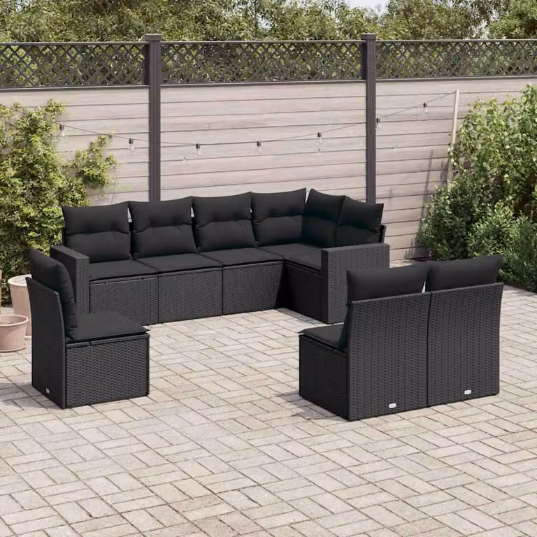 vidaXL Set Divani da Giardino a L in Polyrattan Nero con 8 Cuscini Imbottiti e Coperture Rimosse