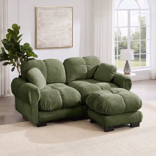 Divano angolare modulare MIVRAY in tessuto verde con ottomana e cuscini, ideale per il tuo soggiorno moderno, L/P/H: 289 x 149 x 90 cm