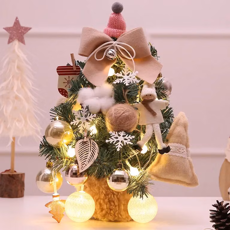 Albero di Natale con luci, decorazione da tavolo, mini albero di Natale, regalo di Capodanno, decorazione per feste, beige, 35cm