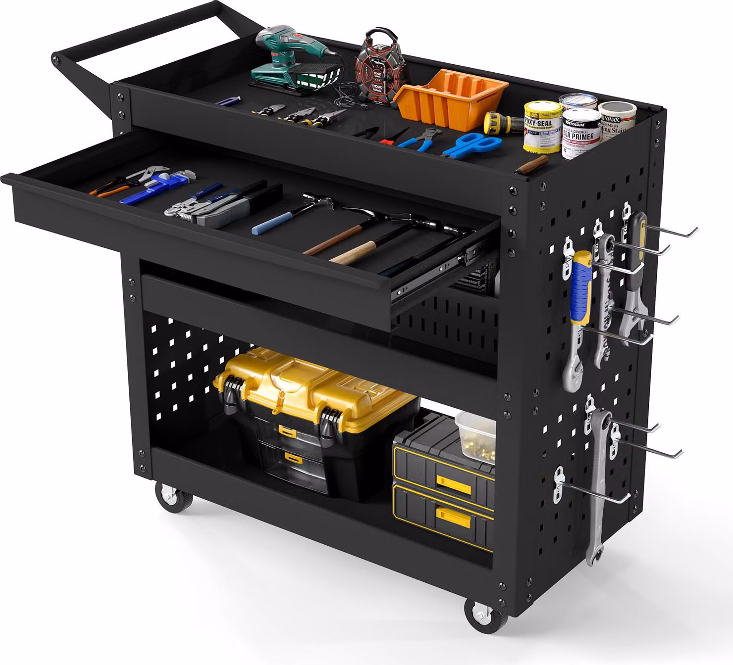 Carrello da officina COSTWAY, carrello da officina con 3 ripiani, ampio cassetto, 2 pannelli forati e 8 ganci, carrello portautensili per garage e officina