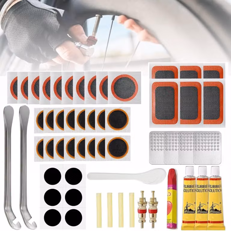 Kit di riparazione per biciclette, composto da 56 pezzi, con toppe autoadesive e vulcanizzate, attrezzo multifunzione, ideale per mountain bike
