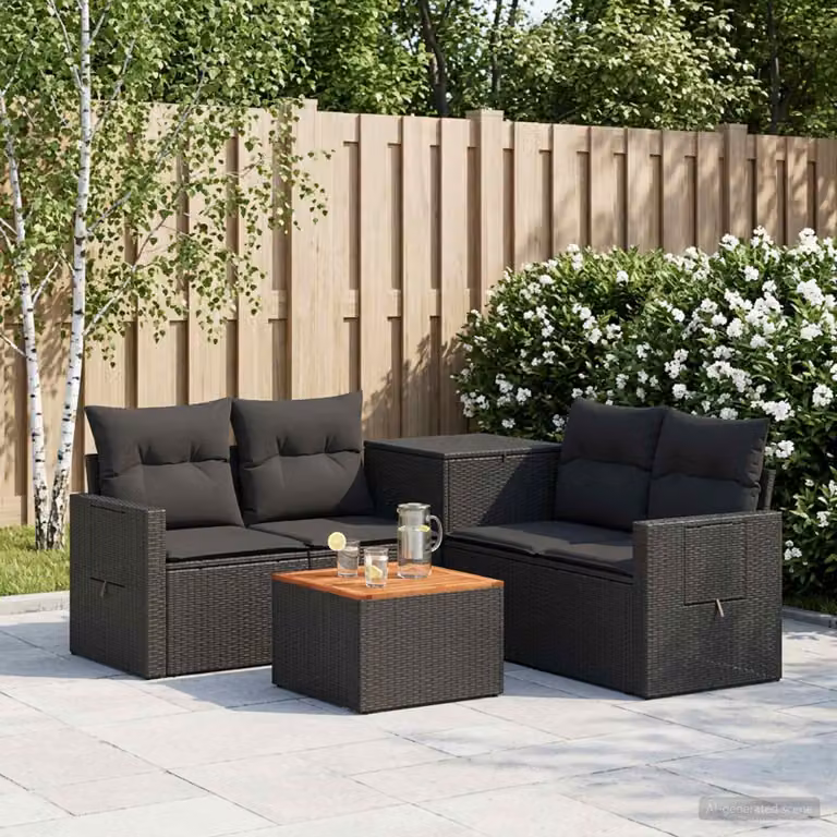 Set di divani da giardino vidaXL a forma di U composto da 6 pezzi in rattan sintetico e acciaio, colore nero, con cuscini inclusi