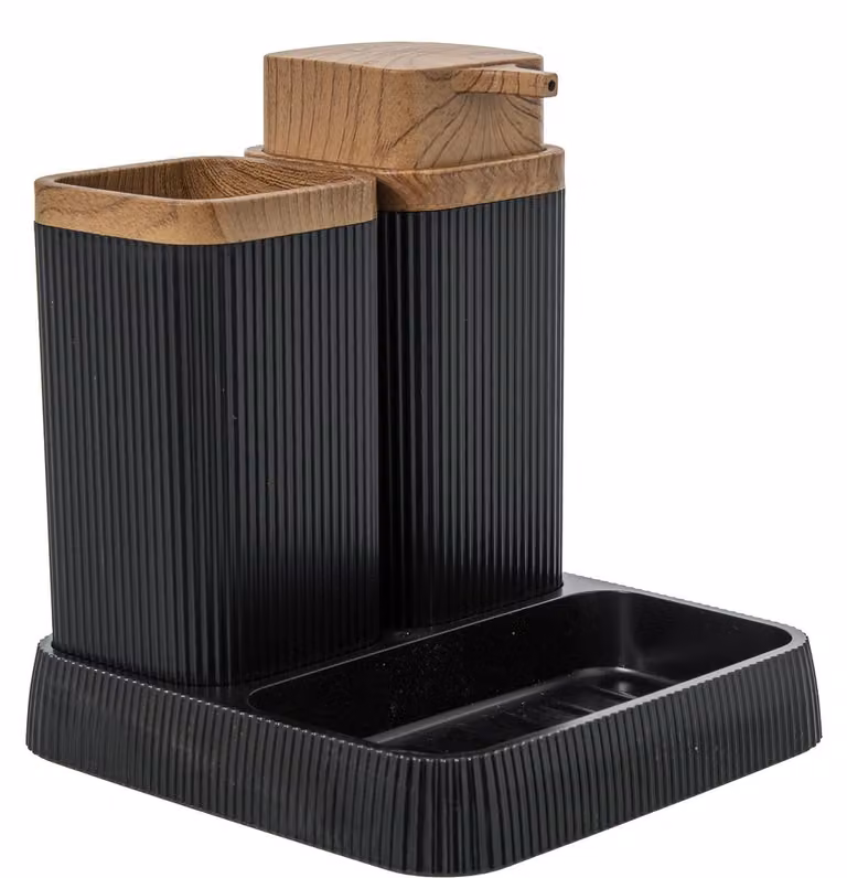 Set da bagno composto da dispenser, bicchiere e portasapone, in acrilico, colore nero e naturale, dimensioni 15 x 15 x 16 cm