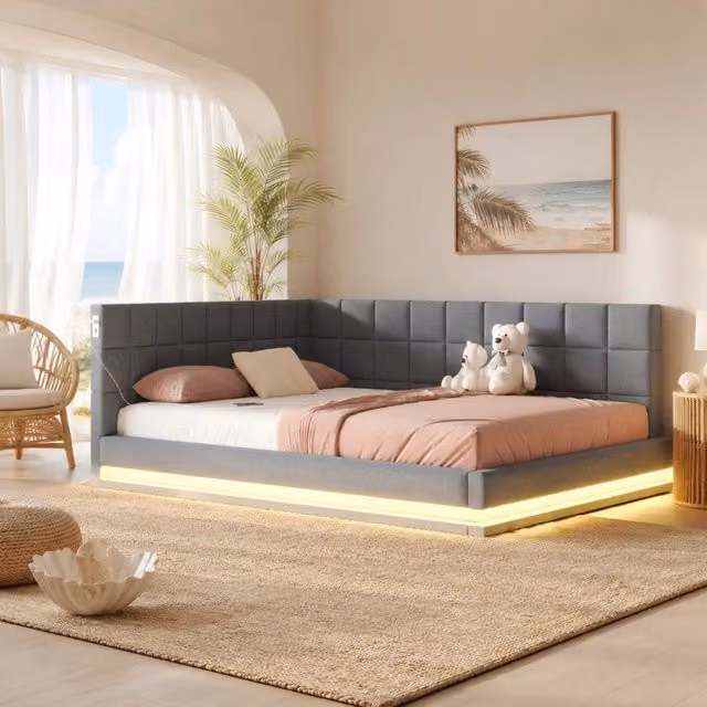 Letto Imbottito Convertibile REDOM Grigio con LED e USB L/P/H: 160 x 200 cm