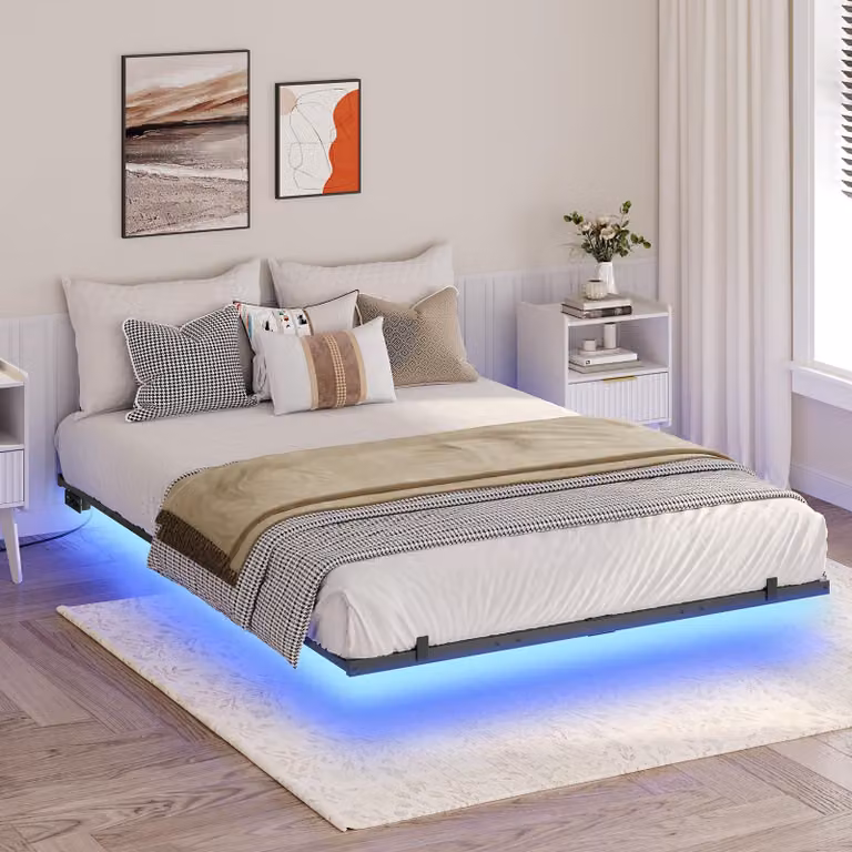 Struttura letto 140x200 cm con illuminazione LED e base di ricarica, nera/legno