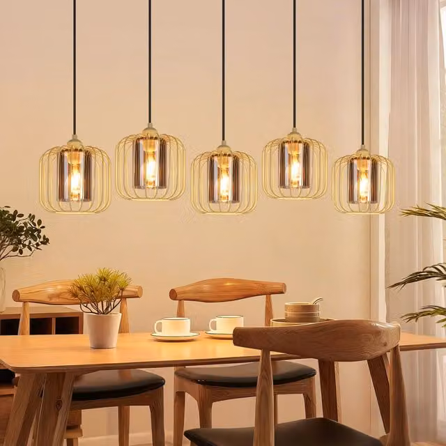 Lampada a sospensione ZMH vintage in metallo e vetro trasparente con 5 luci E27, colore oro/ottone, regolabile in altezza per soggiorno, cucina o sala da pranzo