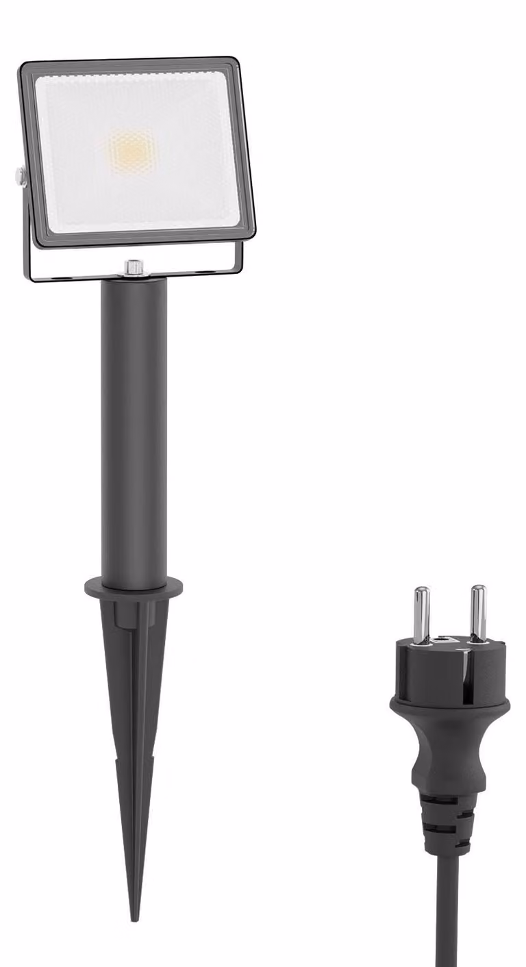 Fareto da giardino a LED con picchetto da terra, base da 15 cm e spina per uso esterno, colore nero, grado di protezione IP66 (resistente all'acqua), luminosità di 837 lumen, luce bianca calda